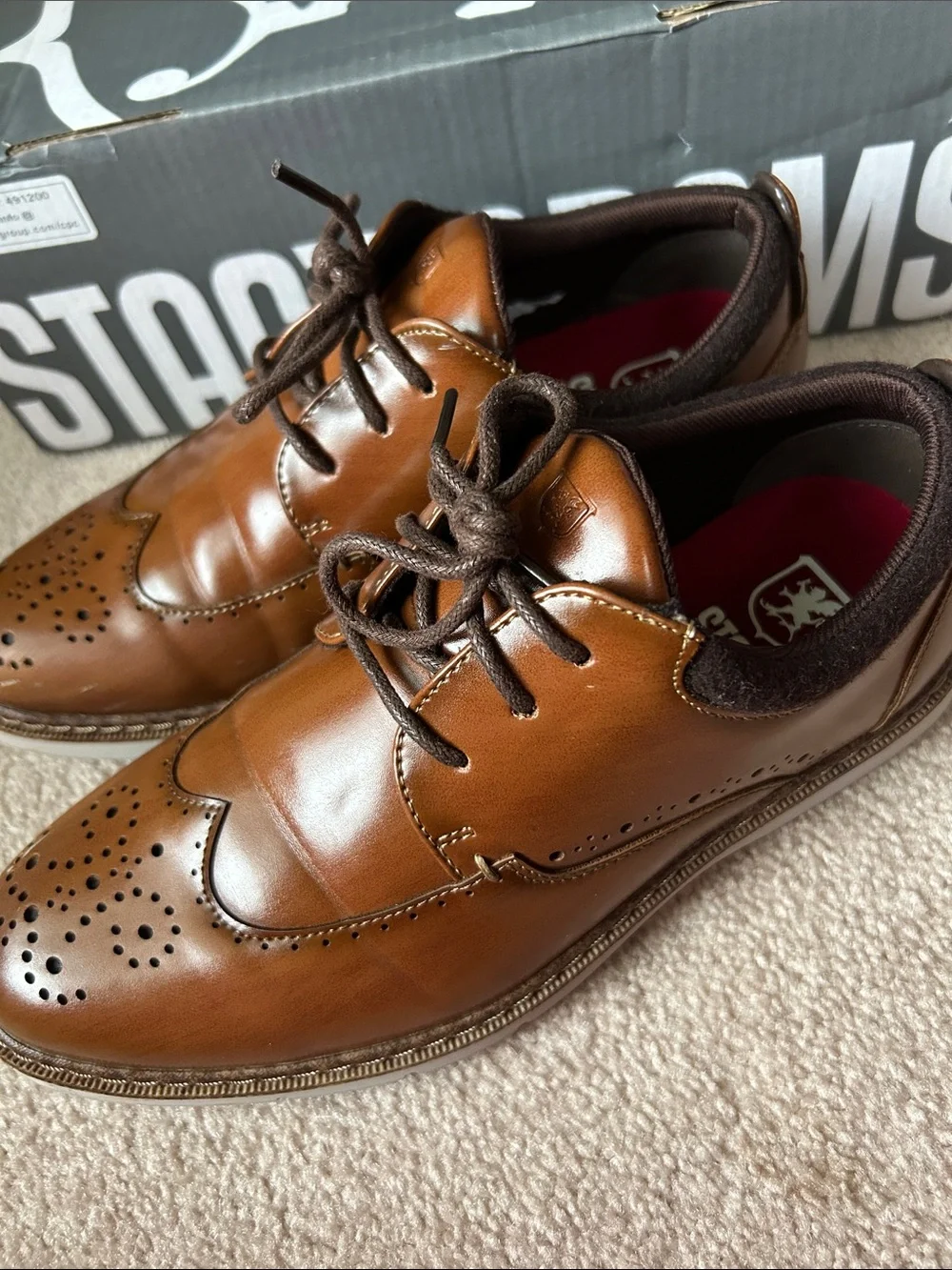Stacy Adams Boys Tan Brown Wingtip Lace-Up Dress Shoes